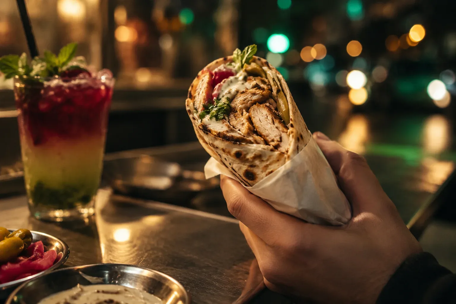 A chicken shawarma and a layered fruit cocktail at a Satwa pavement table at night