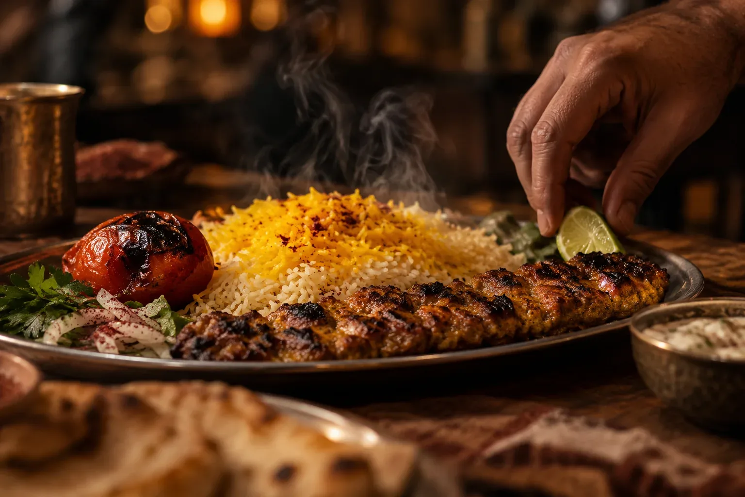 Kebab with saffron rice and a grilled tomato on a steel plate
