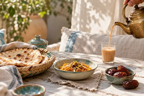 Karak poured in a courtyard, with bread, dates and a vermicelli breakfast bowl