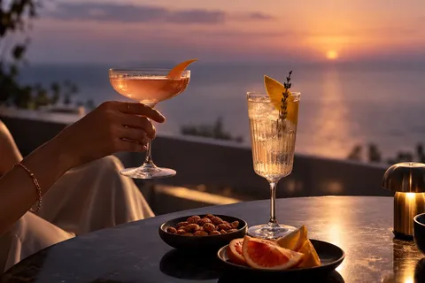 Two cocktails at a west-facing terrace at sunset over the Gulf