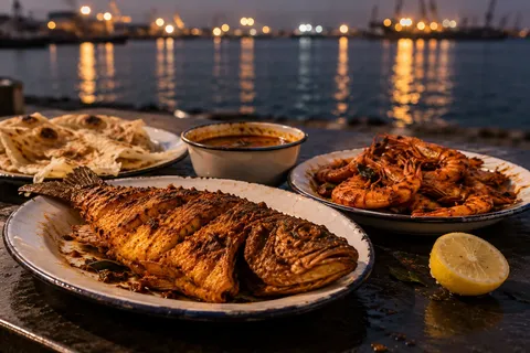Spiced fried fish and prawns on enamel plates beside the harbour at dusk