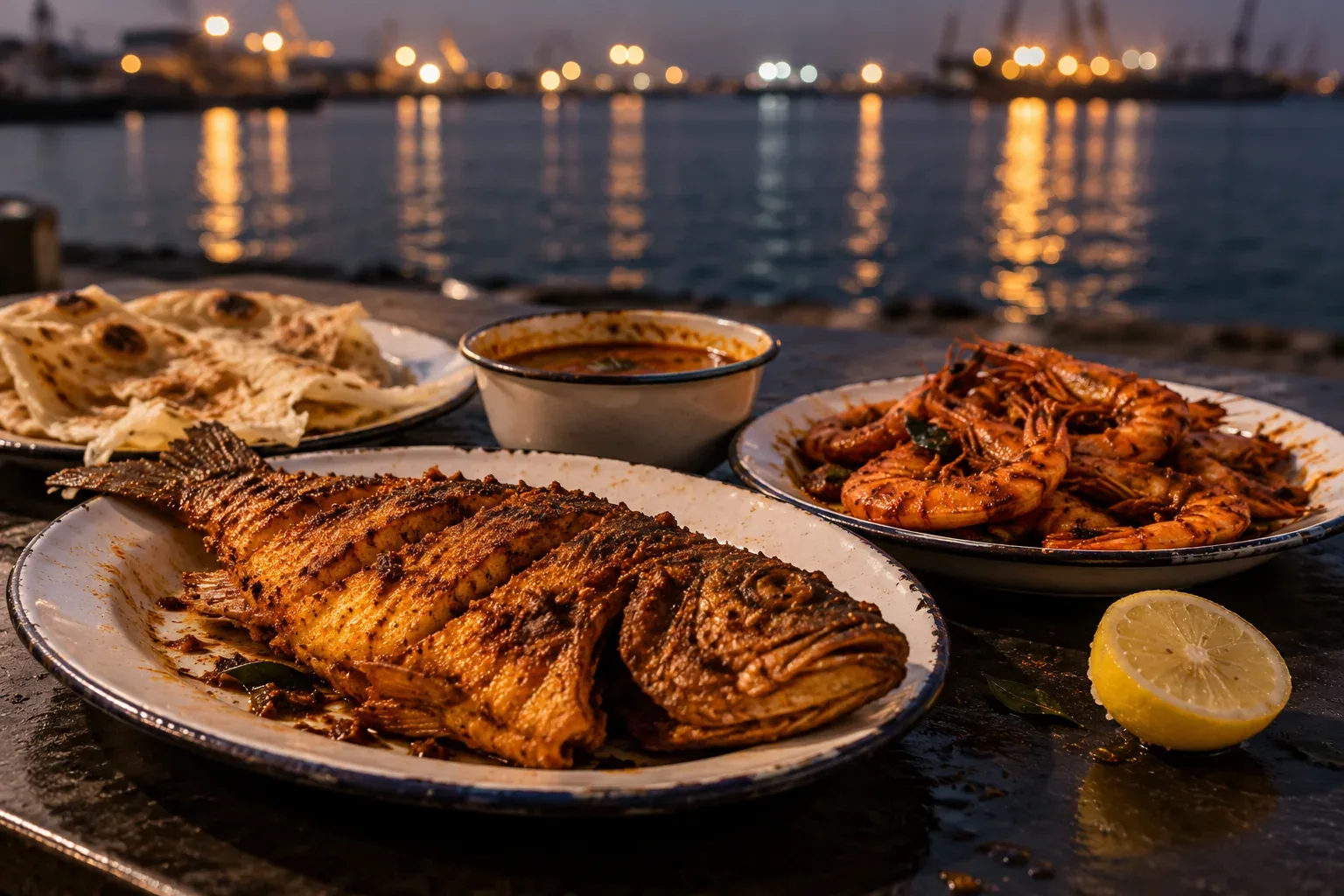 Spiced fried fish and prawns on enamel plates beside the harbour at dusk