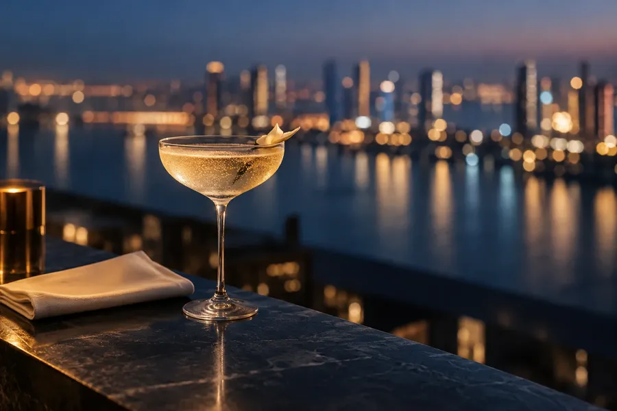 A coupe on a rooftop ledge above the lights of the city and the water