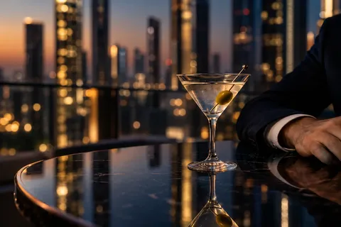 A martini on a rooftop terrace against a tower skyline at dusk