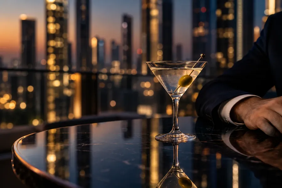 A martini on a rooftop terrace against a tower skyline at dusk