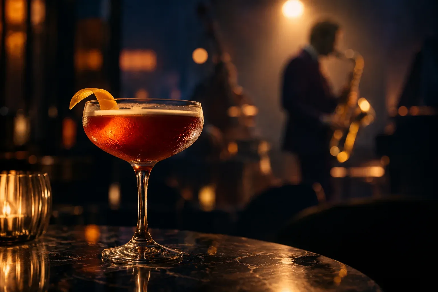 A cocktail on a marble table with a saxophonist on a small stage behind
