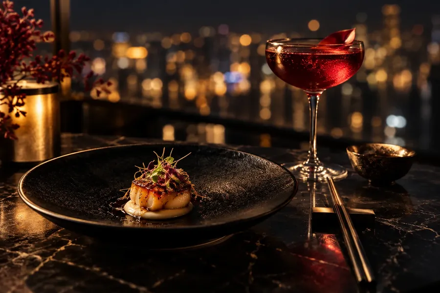 A seared scallop and a red cocktail with the city lights behind