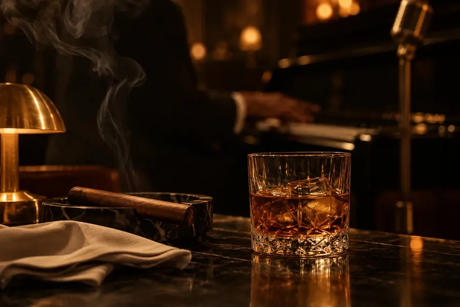 A cigar, a whisky and a pianist in a low-lit lounge