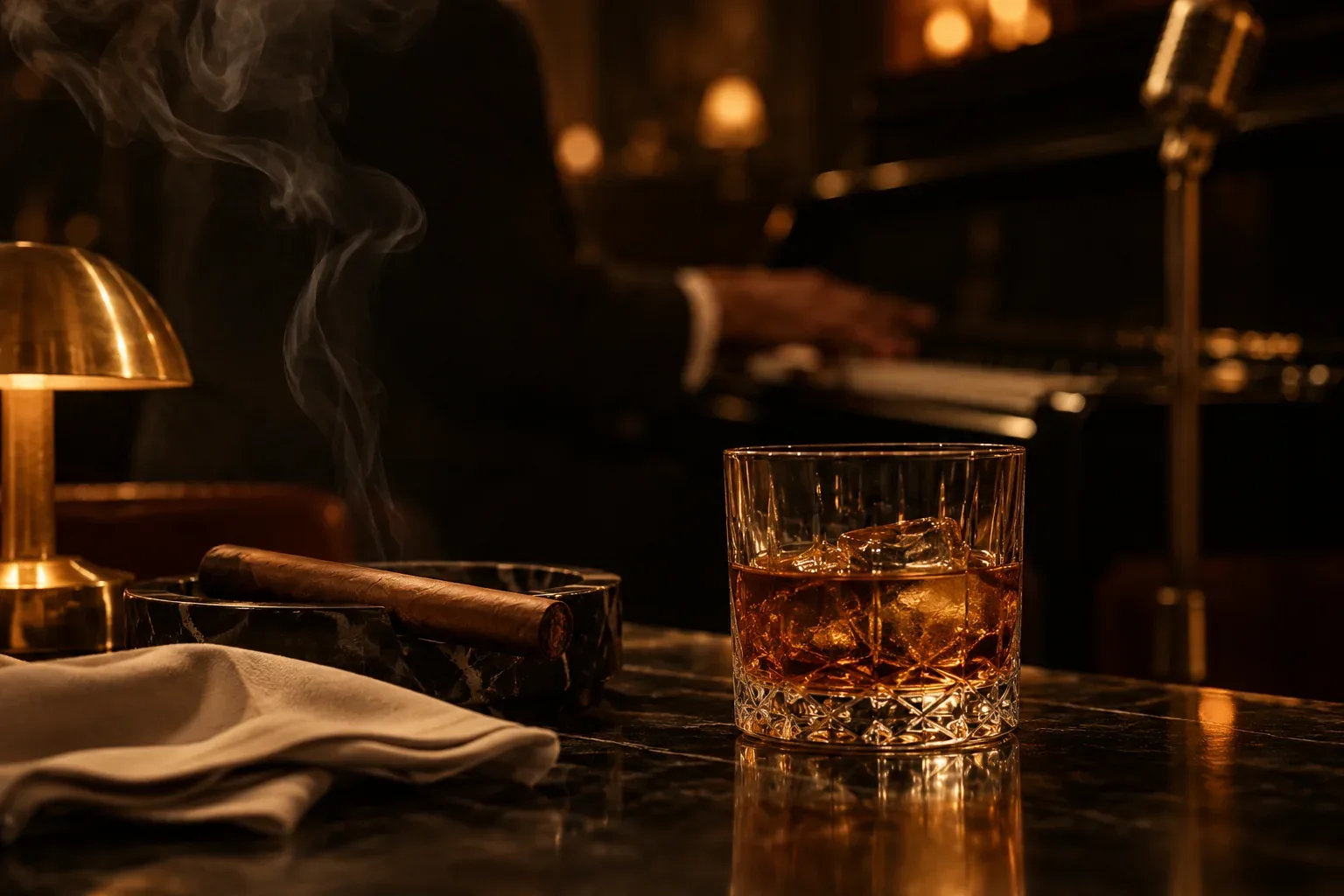A cigar, a whisky and a pianist in a low-lit lounge