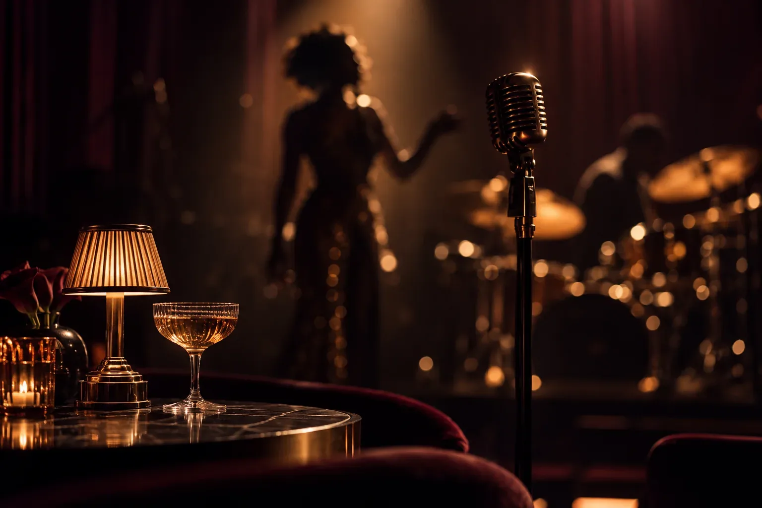 A vintage microphone and a table lamp, a singer in silhouette on stage