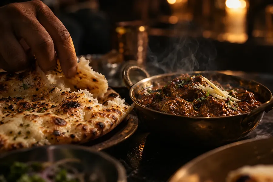 Nihari and naan at a Satwa table, torn by hand