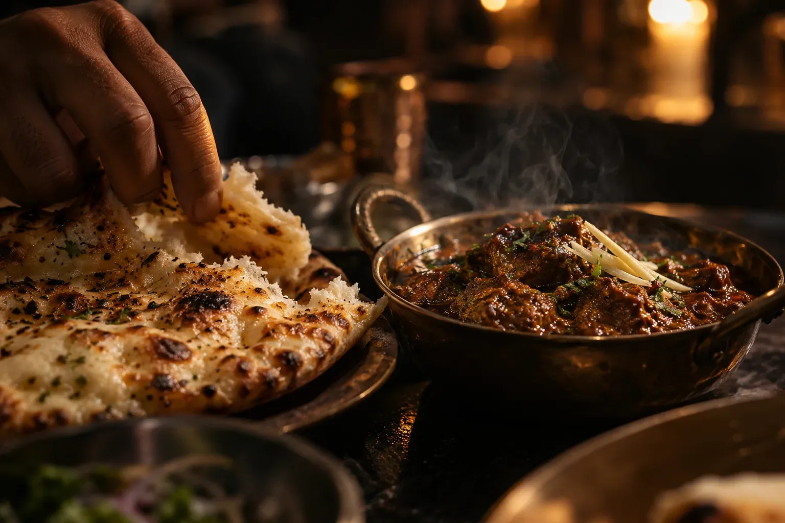 Nihari and naan at a Satwa table, torn by hand