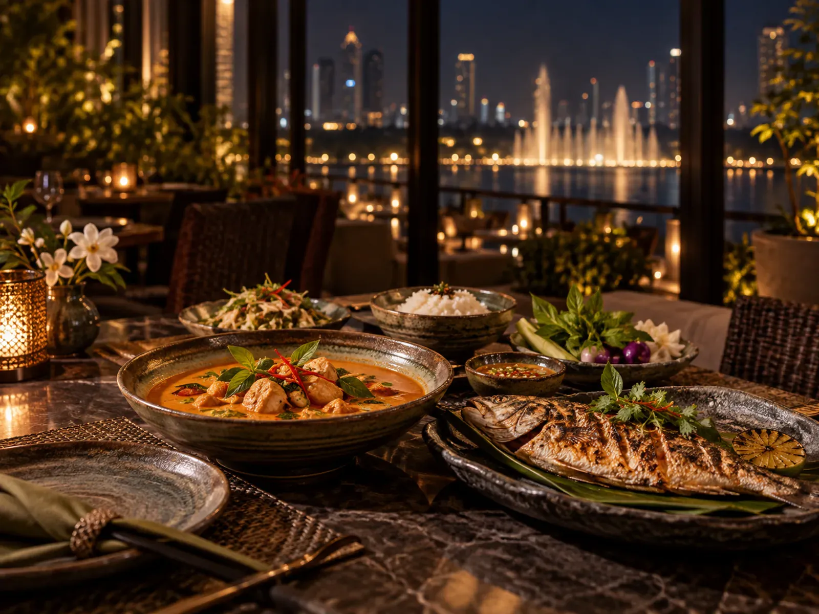 A Thai dinner table beside the lake at Palace Downtown, the fountain beyond (illustration)