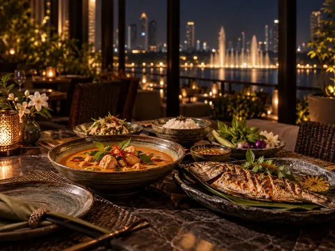 A Thai dinner table beside the lake at Palace Downtown, the fountain beyond (illustration)