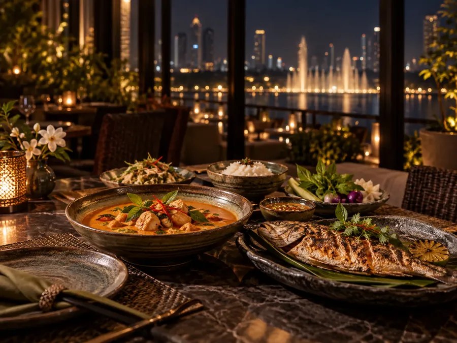A Thai dinner table beside the lake at Palace Downtown, the fountain beyond (illustration)